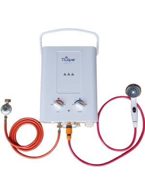 Chauffe-eau extrieur portatif de 12 KW, 6 litres par minute, set de douche et de gaz inclus, blanc
